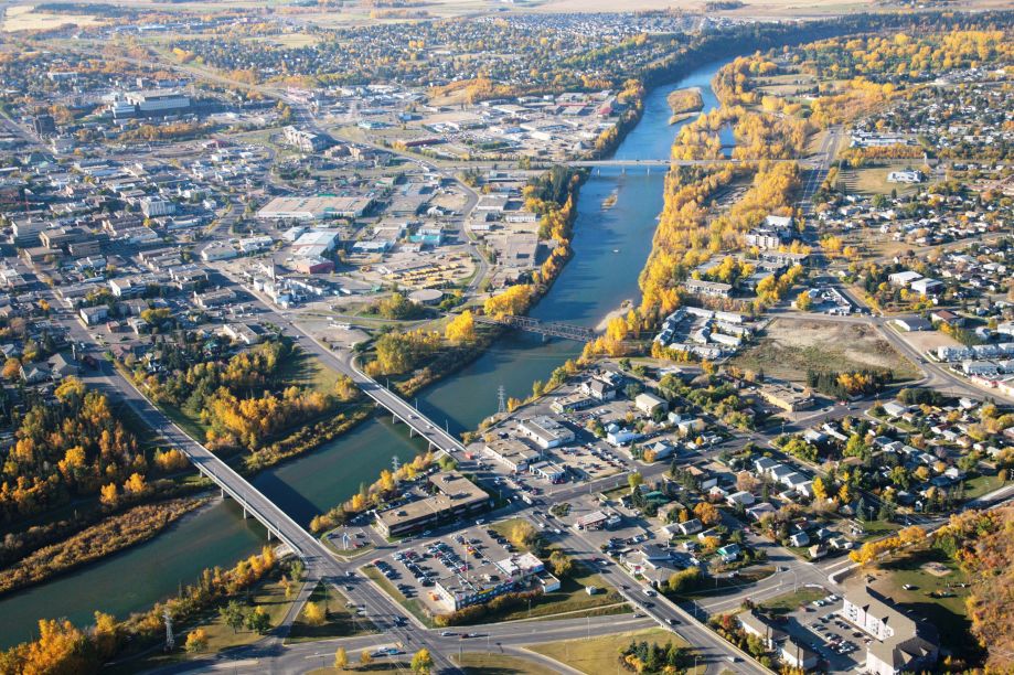 An aerial view of the Red Deer River and town of Red Deer looking south-southwest,