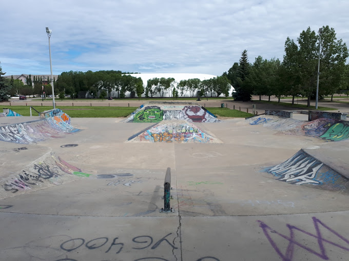The Red Deer skatepark, viewed from one of the ramp platforms.